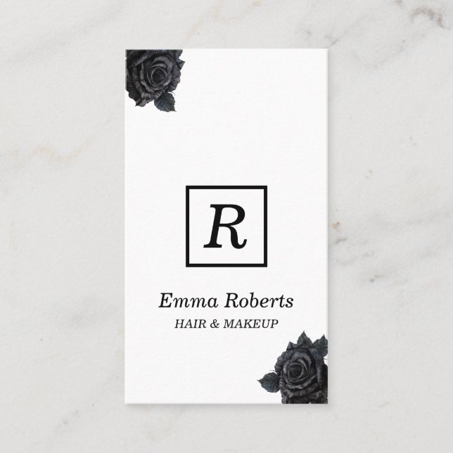 Makeup & Hair Stylist Monogram Elegant Dark Floral Business Card (Front)