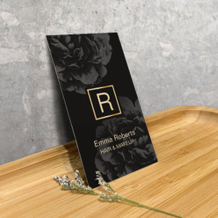 Makeup & Hair Stylist Monogram Elegant Dark Floral Business Card