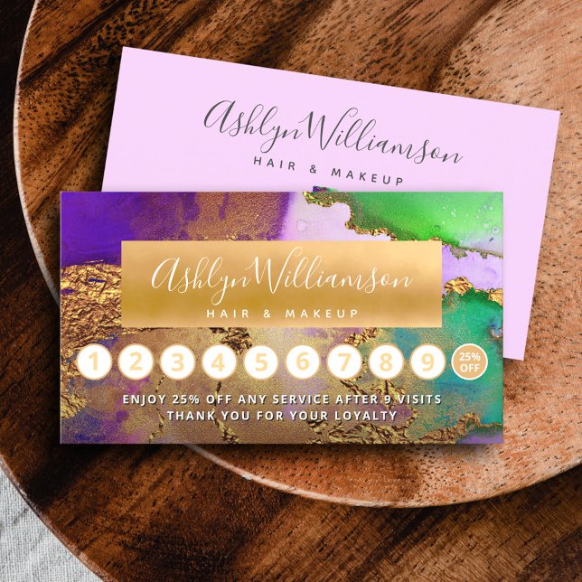 Makeup hair watercolor agate gold purple green loyalty card (Creator Uploaded)