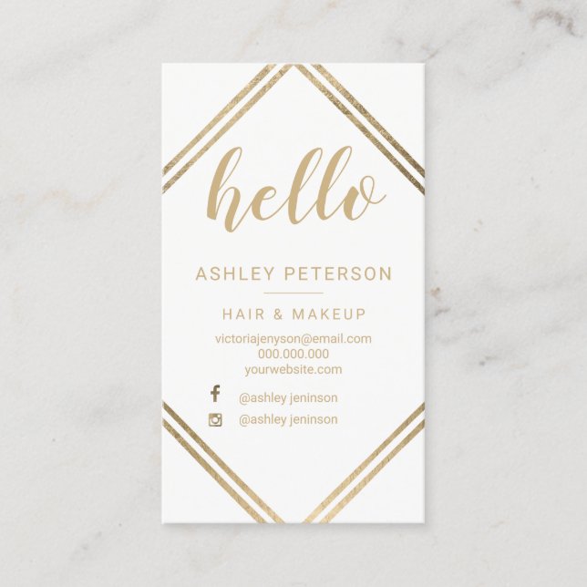 Makeup hello typography gold stripes business card (Front)