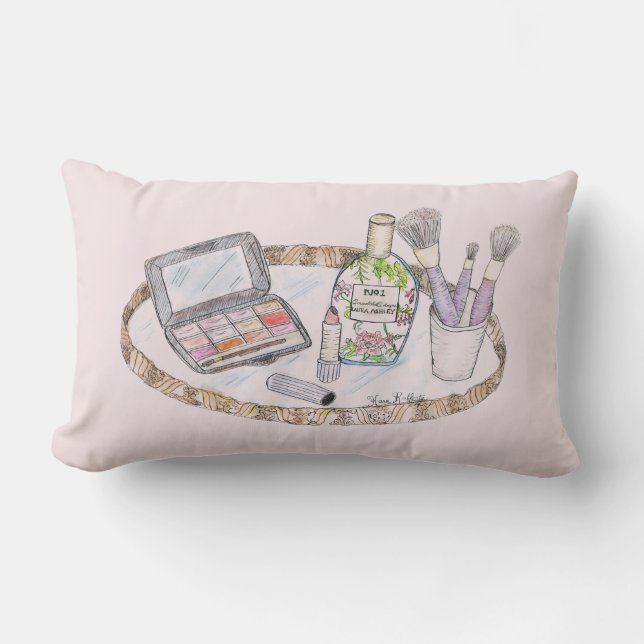 Makeup Illustration Antique Makeup Tray Lumbar Cushion (Front)
