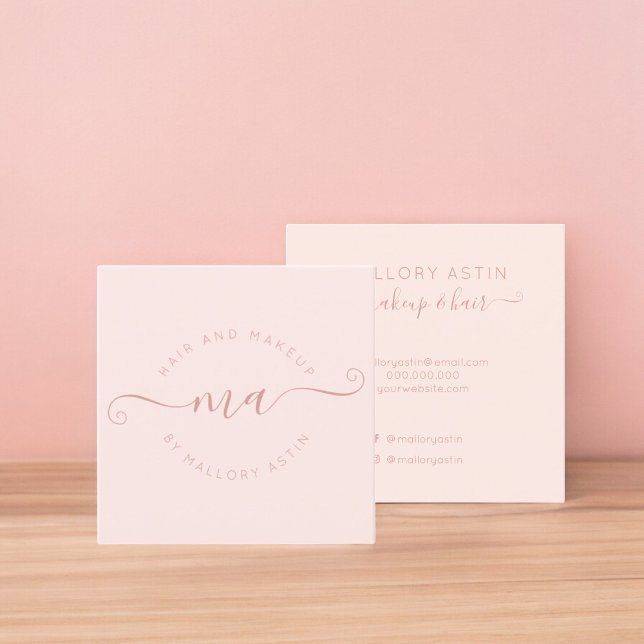 Makeup initials logo modern blush pink minimalist square business card (Makeup initials logo modern blush pink minimalist square business card)