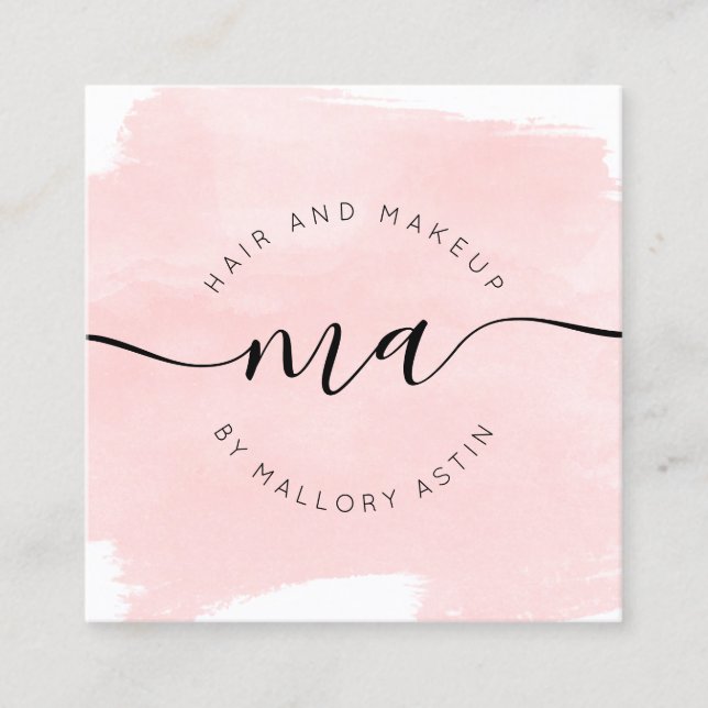 Makeup initials logo modern pink watercolor square business card (Front)