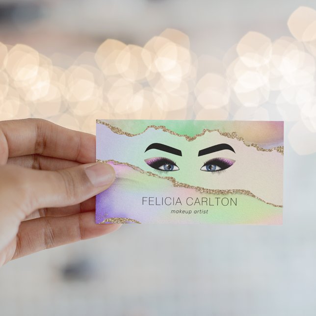 Makeup & Lashes Pastel Rainbow & Gold Glitter Business Card (Creator Uploaded)