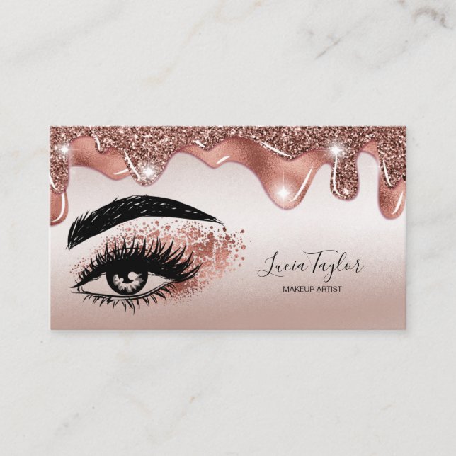 Makeup Lashes Rose Gold Glitter Drips Business Card (Front)