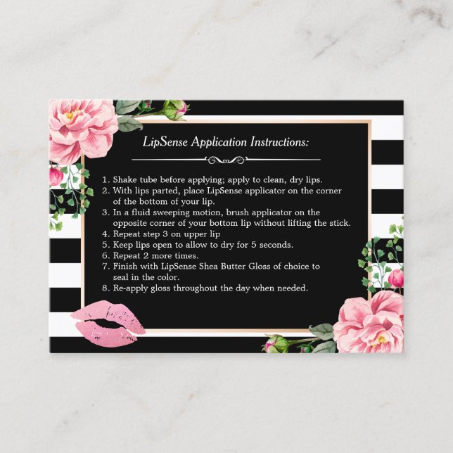 Makeup Lips Instruction Tips - Pink Floral Stripes Business Card (Front)