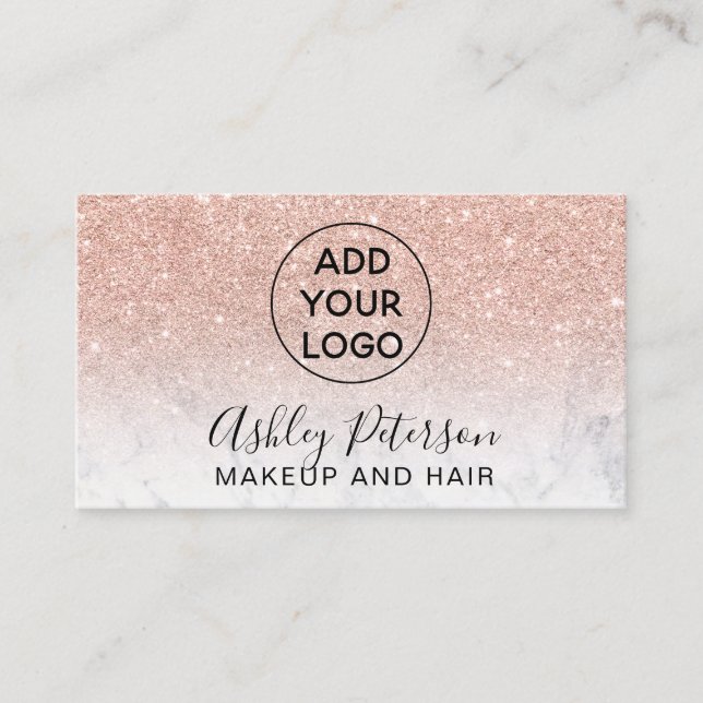 Makeup logo typography marble rose gold glitter business card (Front)