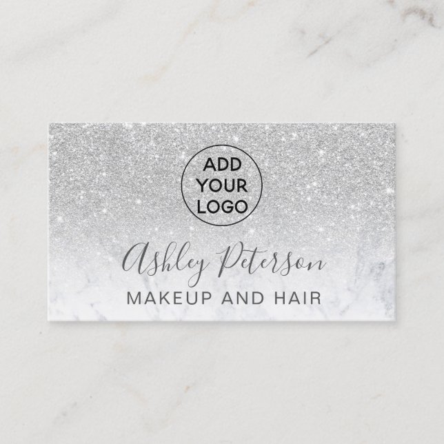 Makeup logo typography marble silver glitter business card (Front)