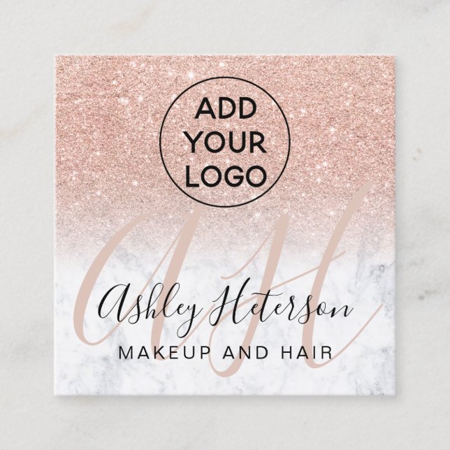 Makeup marble rose gold glitter logo monogram square business card (Front)