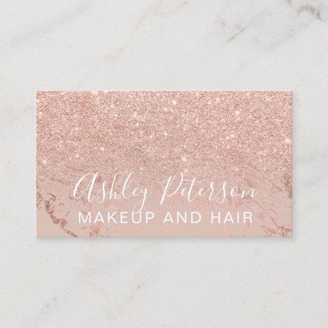 Makeup marble typography blush rose gold glitter business card (Front)