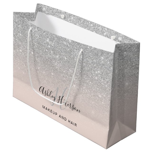 Makeup monogram blush silver glitter script large gift bag (Front Angled)
