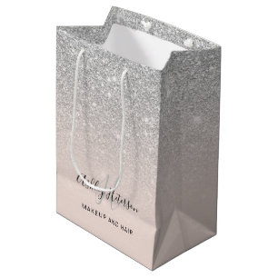 Makeup monogram blush silver glitter script medium gift bag