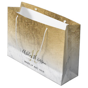Makeup monogram marble gold foil script large gift bag