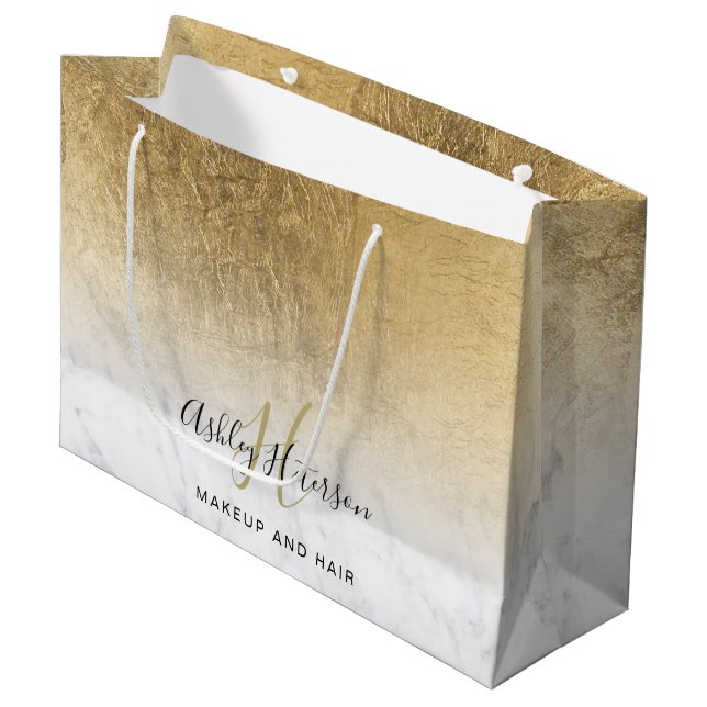 Makeup monogram marble gold foil script large gift bag (Front Angled)