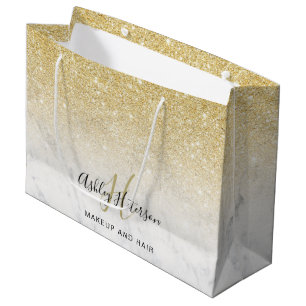 Makeup monogram marble gold glitter script large gift bag