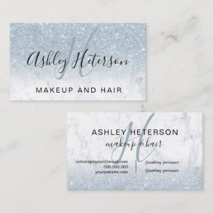 Makeup monogram marble ice blue glitter script business card