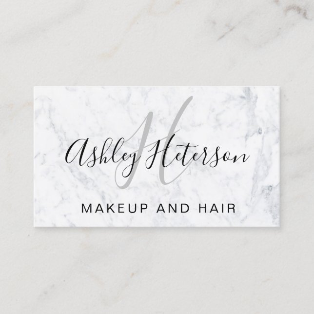 Makeup monogram marble minimalist elegant script business card (Front)