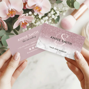 Makeup Monogram Marble Rose Gold Glitter Ombre Business Card