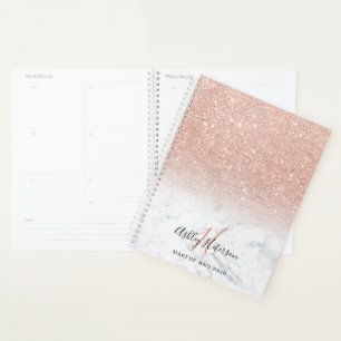 Makeup monogram marble rose gold glitter script planner