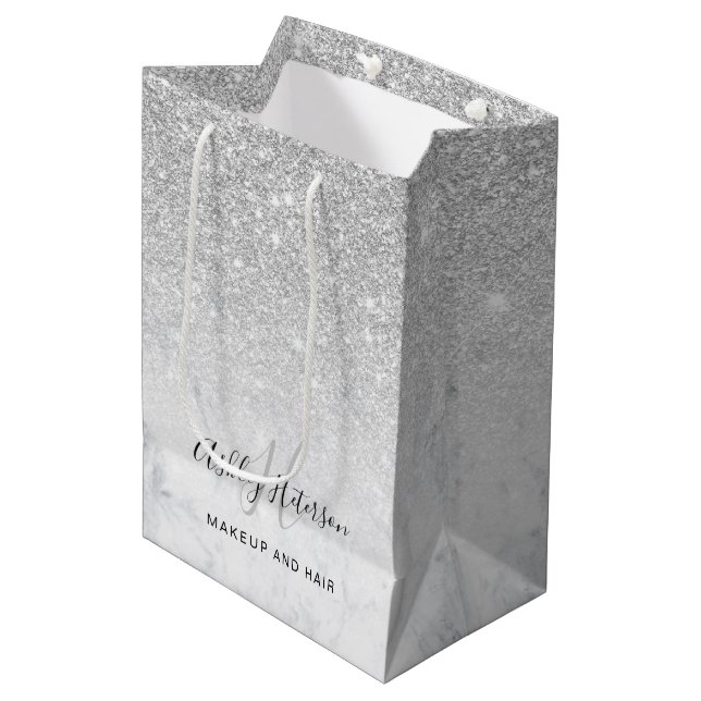 Makeup monogram marble silver glitter script medium gift bag (Front Angled)
