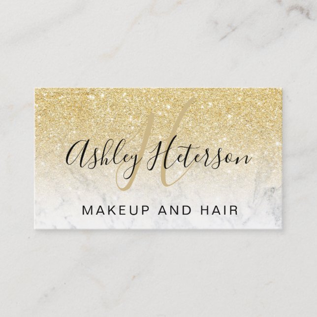Makeup monogram script marble gold glitter business card (Front)