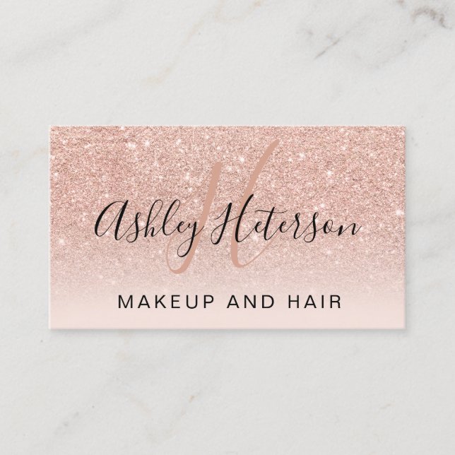 Makeup monogram script rose gold glitter blush business card (Front)