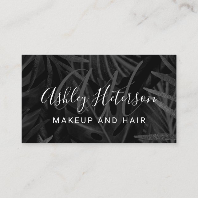 Makeup monogram solid black palm leaf watercolor business card (Front)