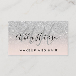 Makeup monogrammed pink silver glitter script business card