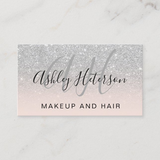 Makeup monogrammed pink silver glitter script business card (Front)