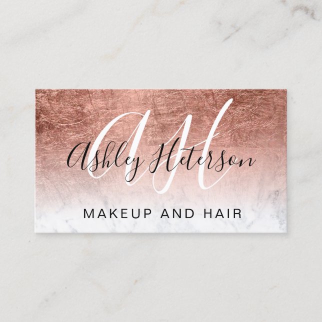 Makeup monogrammed rose gold foil marble script business card (Front)