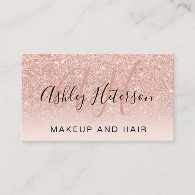 Makeup monogrammed script rose gold glitter blush business card (Front)