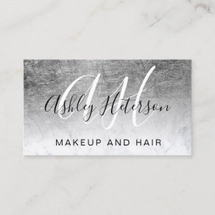 Makeup monogrammed silver foil marble script business card