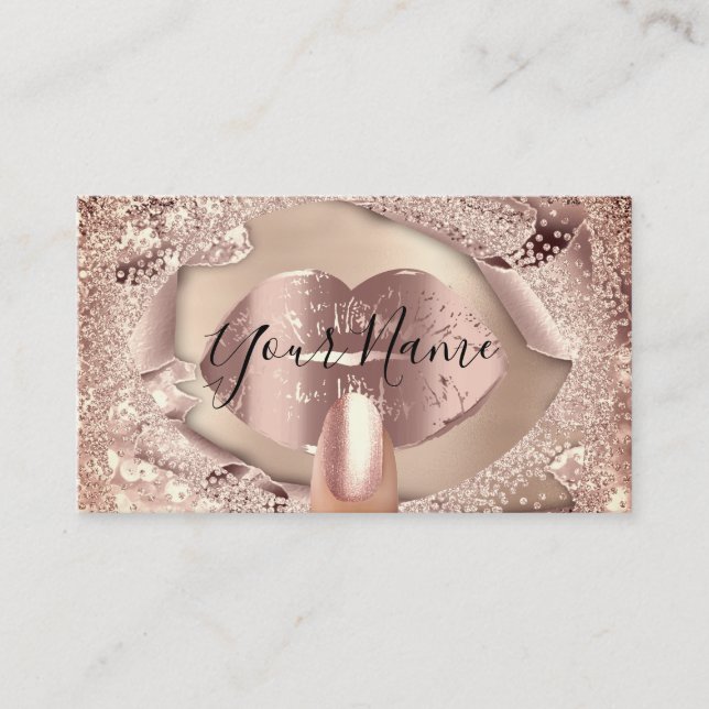 Makeup Nails Rose Gold Kiss Lips Glitter Business Card (Front)
