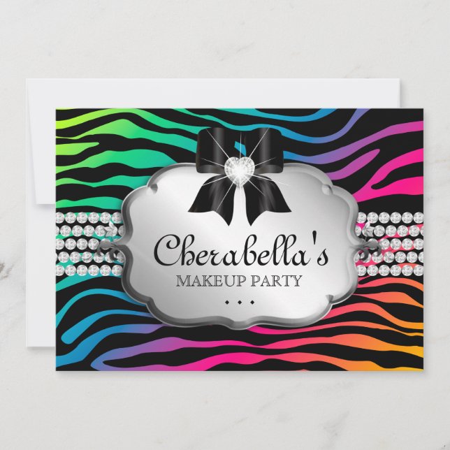Makeup Party Invitation Zebra Rainbow Jewellery (Front)