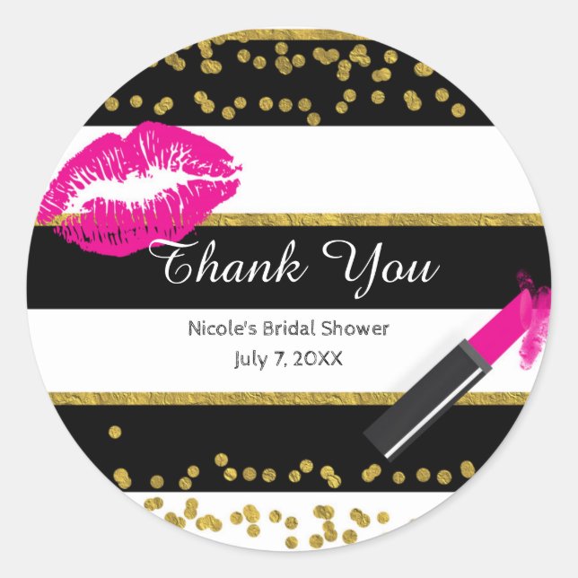 Makeup Pink Lips Gold Confetti & Stripes Glamour Classic Round Sticker (Front)