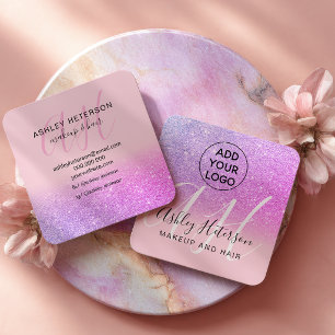 Makeup Pink purple glitter logo monogram Square Business Card