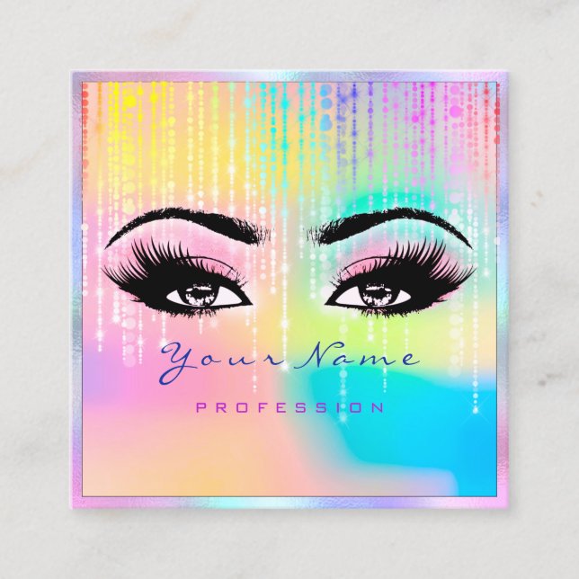 Makeup Rainbow Professional Eyeash Holograph Pink Square Business Card (Front)