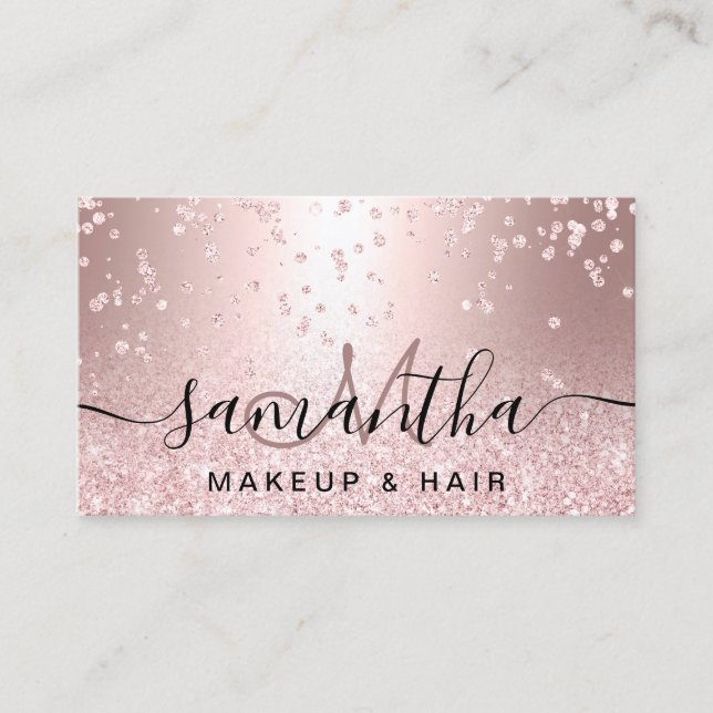 Makeup rose gold glitter metallic sparkle confetti business card (Front)