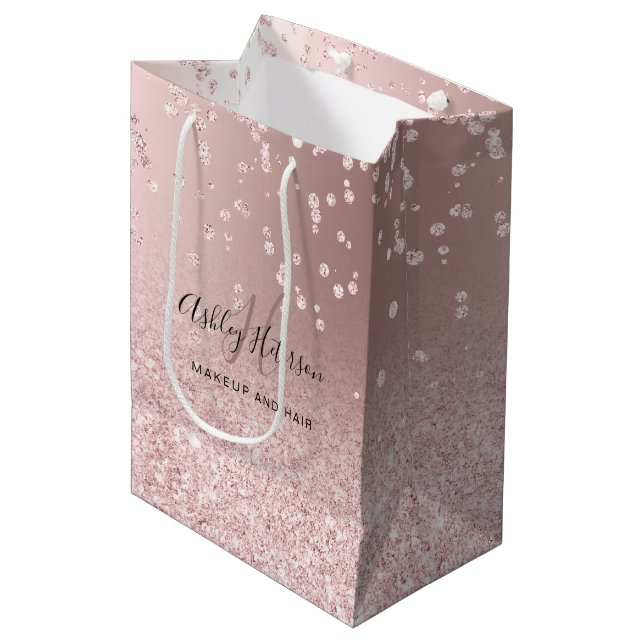 Makeup rose gold glitter metallic sparkle confetti medium gift bag (Front Angled)