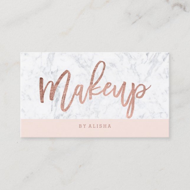 Makeup rose gold typography blush white marble business card (Front)