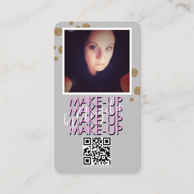 Makeup Salon QR Code Gold Glitter Photo Business Card (Front)