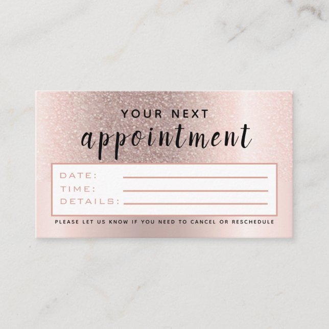 Makeup Salon Rose Gold Ombre Trendy Glitter Black Appointment Card (Front)