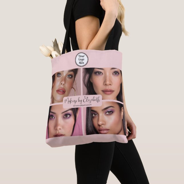 Makeup Studio Blush Pink Script 4 Photo Your Logo Tote Bag (Close Up)