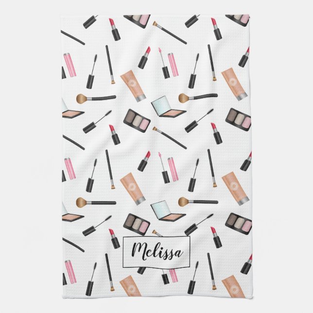 Makeup Stuff Illustrated Pattern Personalised Name Tea Towel (Vertical)
