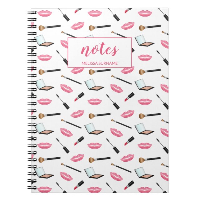 Makeup Stuff Pattern And Pink Lips & Custom Name Spiral Notebook (Front)