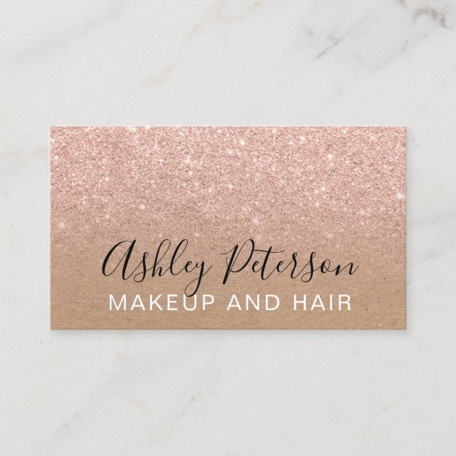 Makeup typography brown kraft rose gold glitter business card (Front)