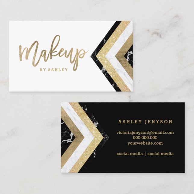 Makeup typography chevron marble gold stripes business card (Front/Back)