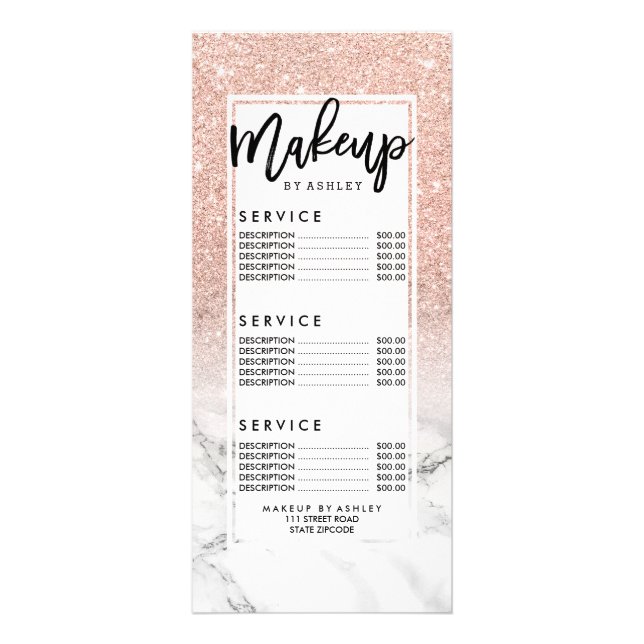 Makeup typography pink glitter marble price list rack card (Front)
