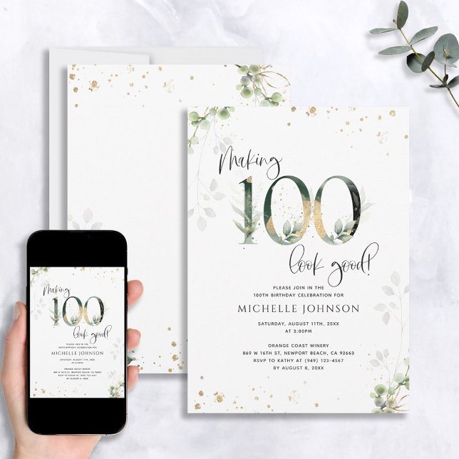 Making 100 Look Good Green Gold Botanical Birthday Invitation (Creator Uploaded)