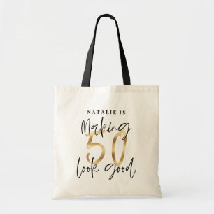 Making 50 look good age birthday personalised gold tote bag